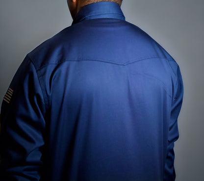 Static FR Western Style Pearl Snap Navy work shirt with U.S. flag detail, back view on Tampa Home & Garden Store