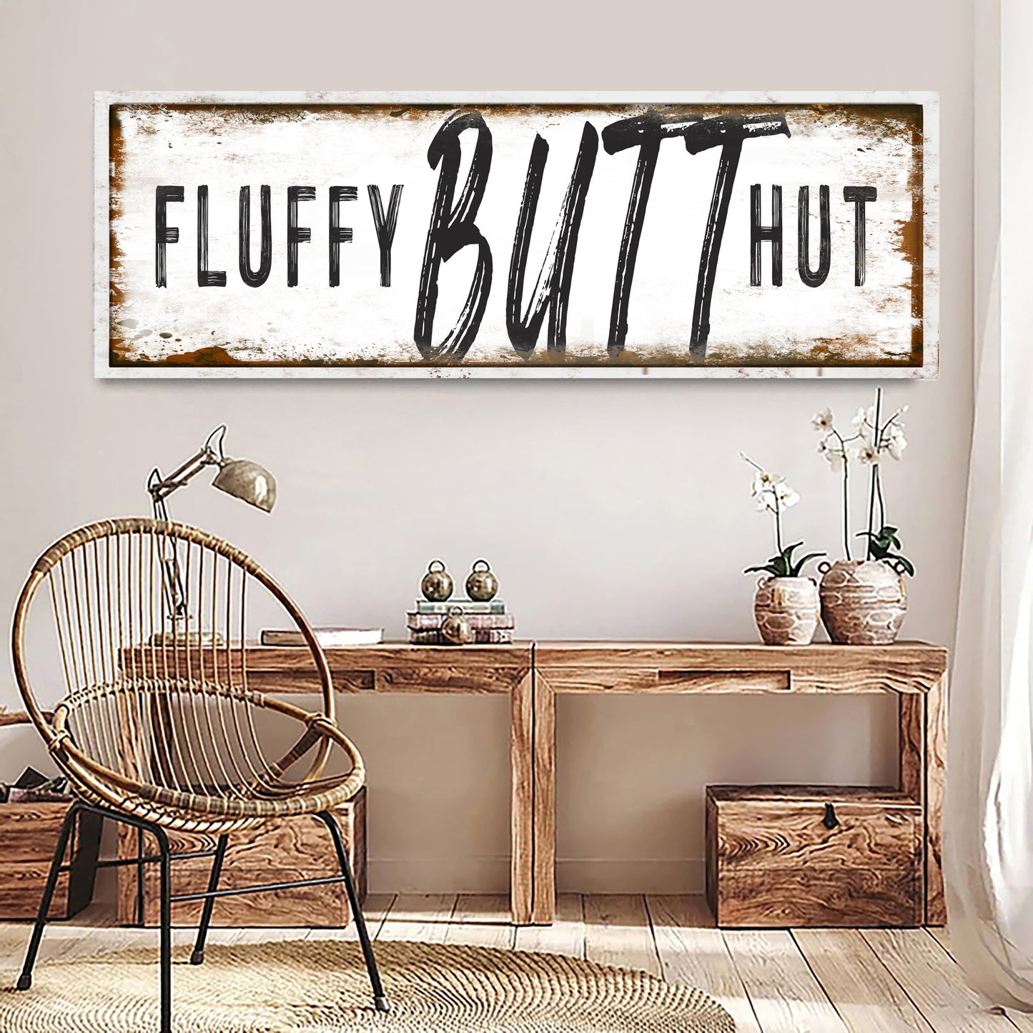 Fluffy Butt Hut chicken coop sign canvas by Tailored Canvases, white with rustic frame on Tampa Home & Garden Store