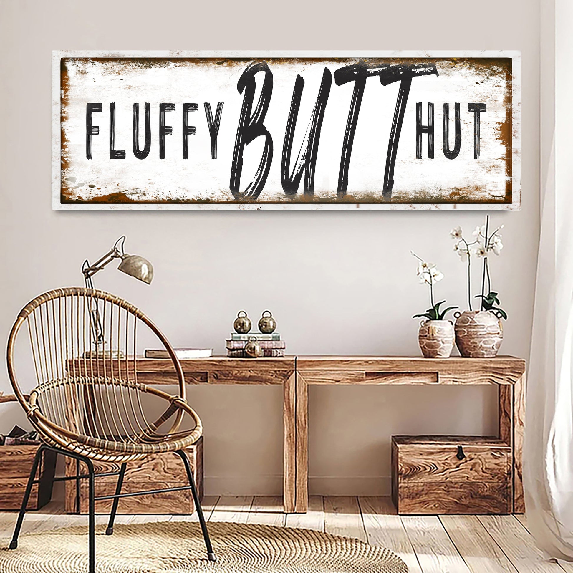 Fluffy Butt Hut chicken coop sign canvas by Tailored Canvases, white with rustic frame on Tampa Home & Garden Store