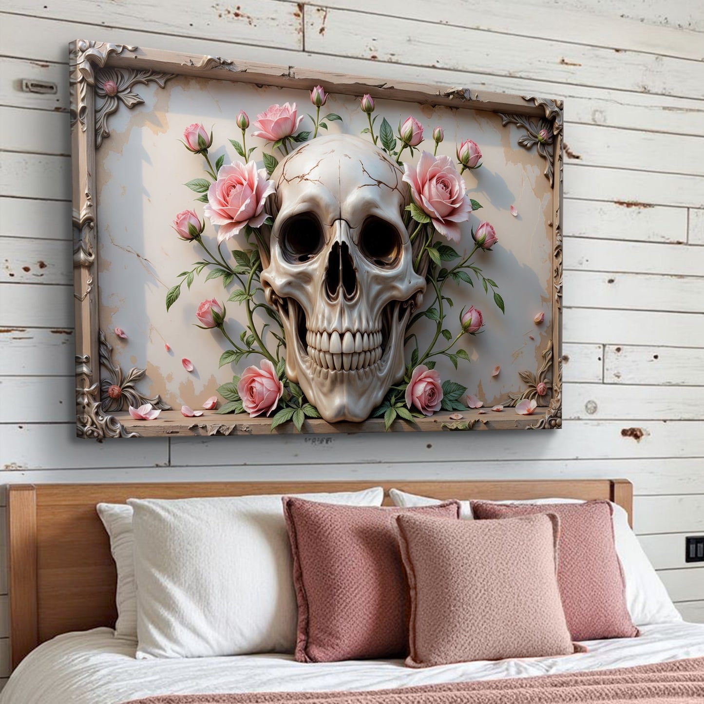 Tailored Canvases 3D Rose And Skull Wall Art V canvas with pink roses and ornate carved frame on Tampa Home & Garden Store