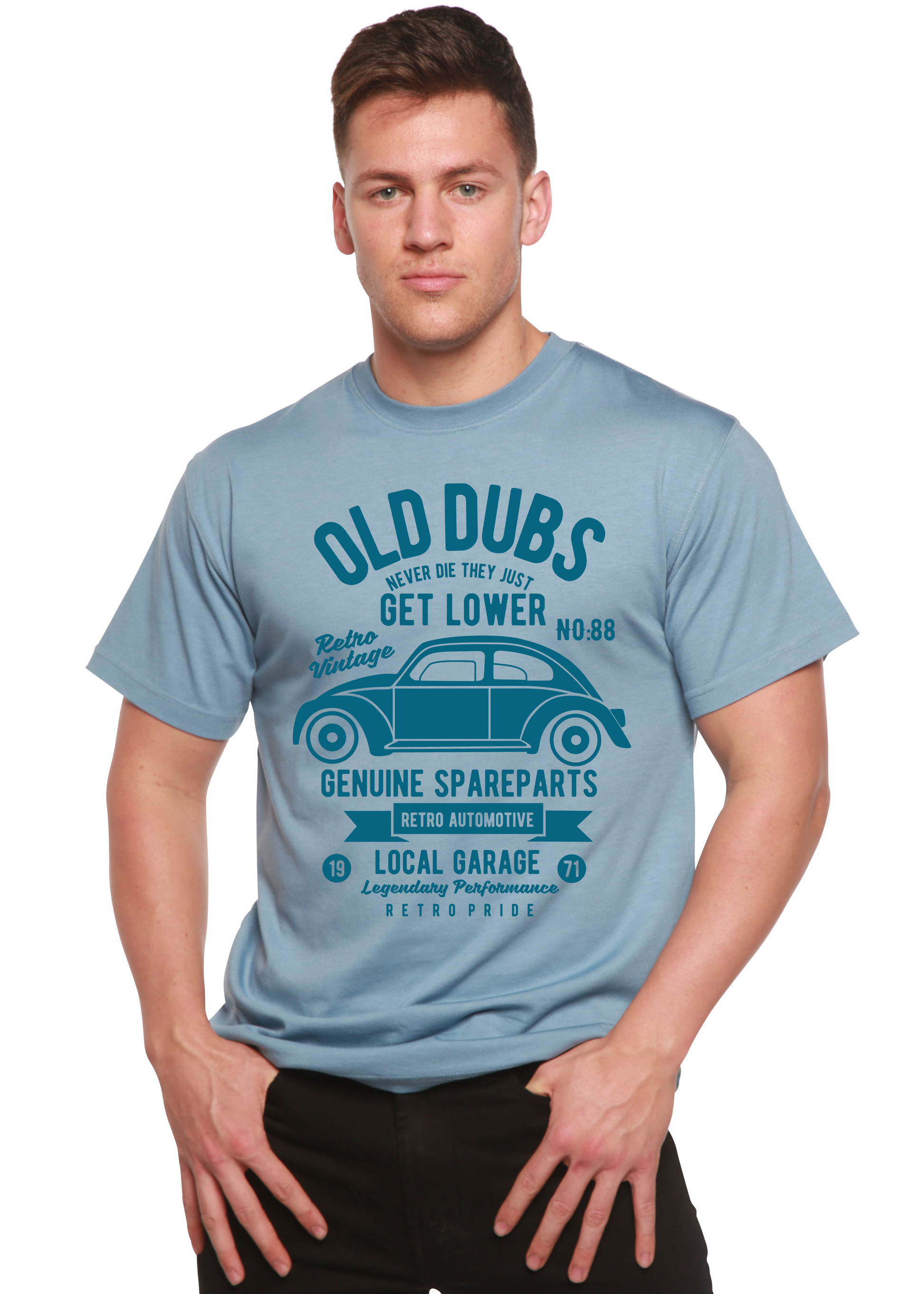 Men's Old Dubs Spun Bamboo graphic tee in light blue with retro car print on Tampa Home & Garden Store
