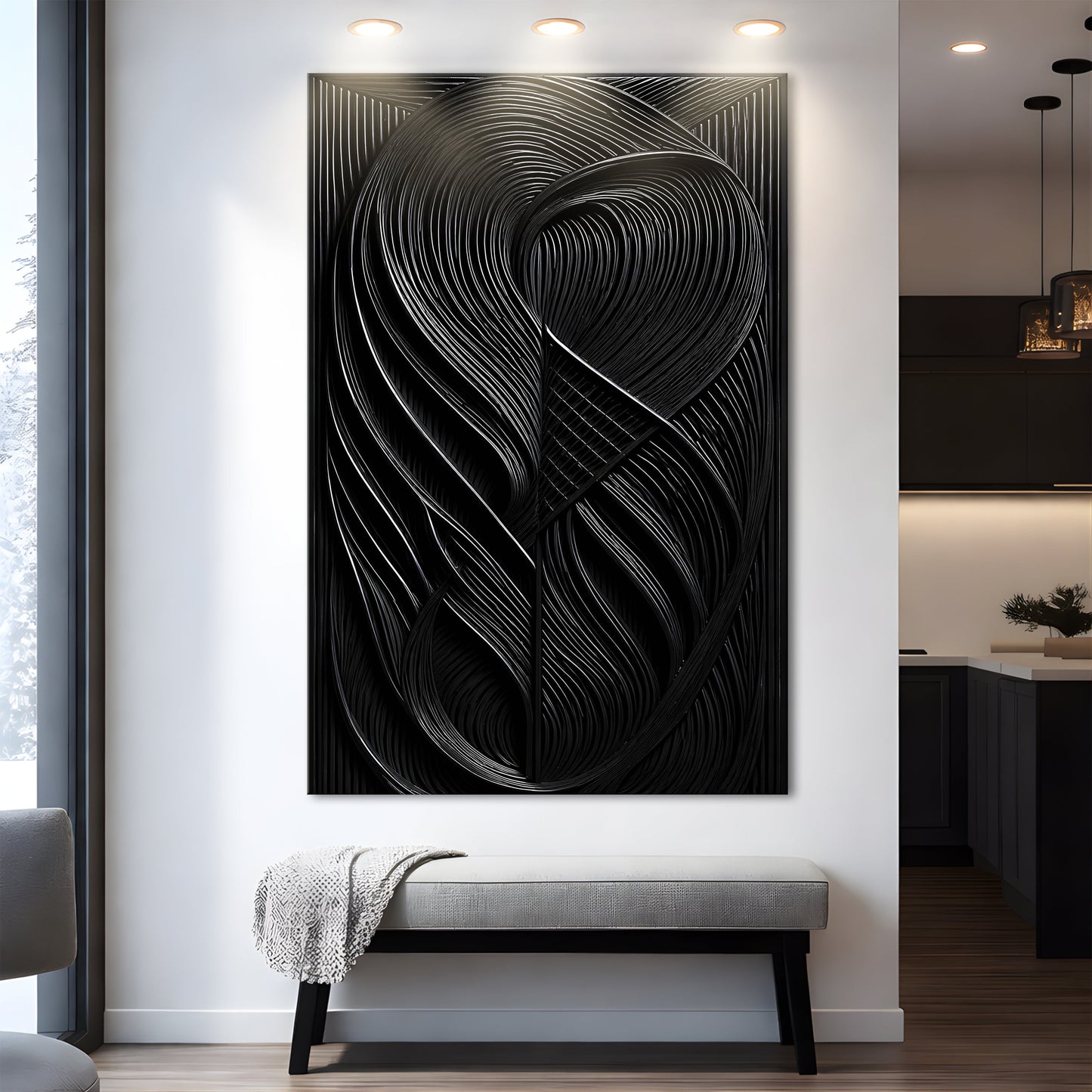 Modern Black Waves Wall Art canvas by Tailored Canvases with bold black swirling lines on Tampa Home & Garden Store