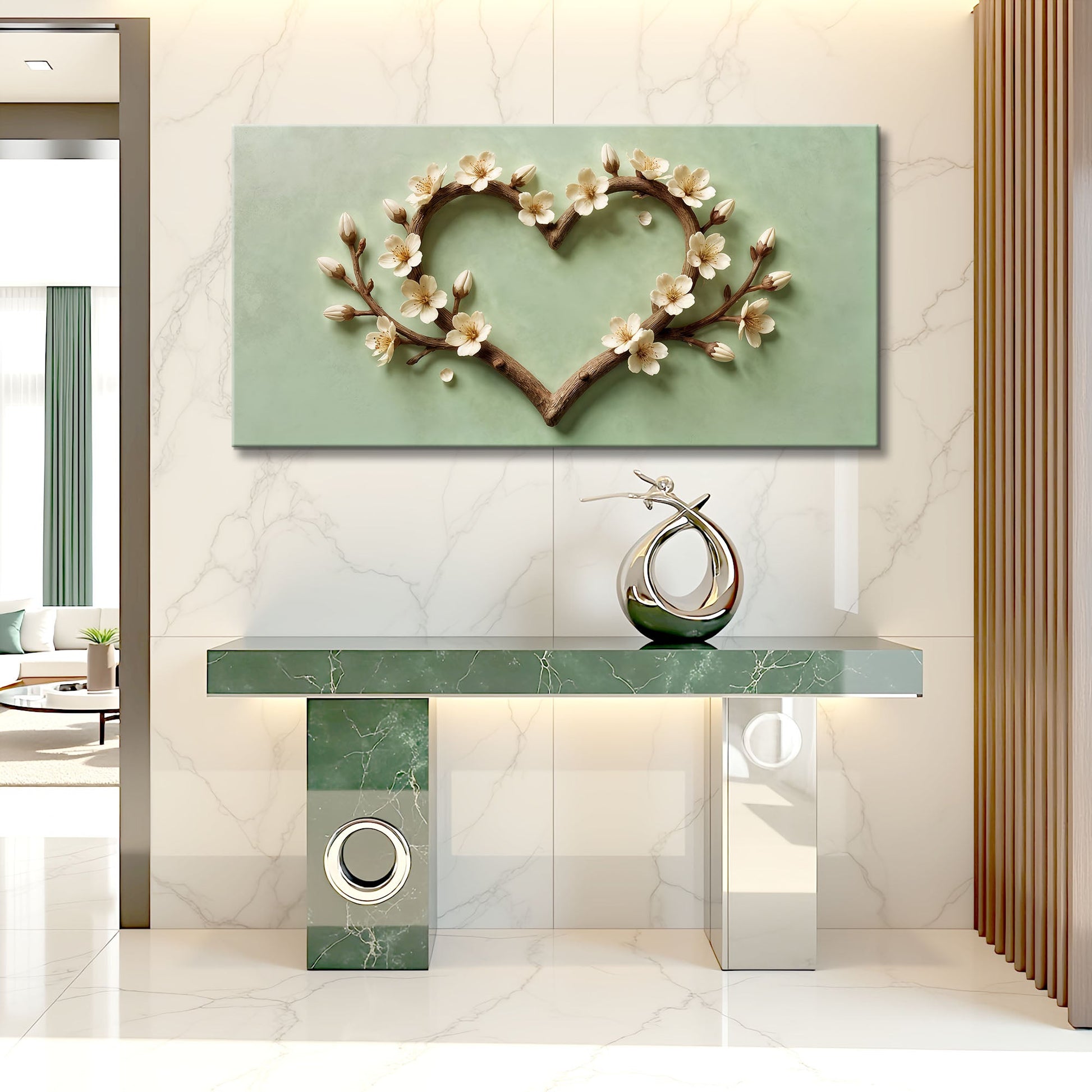 Harmony in Bloom Wall Art canvas featuring a heart-shaped blossom branch on green backdrop on Tampa Home & Garden Store