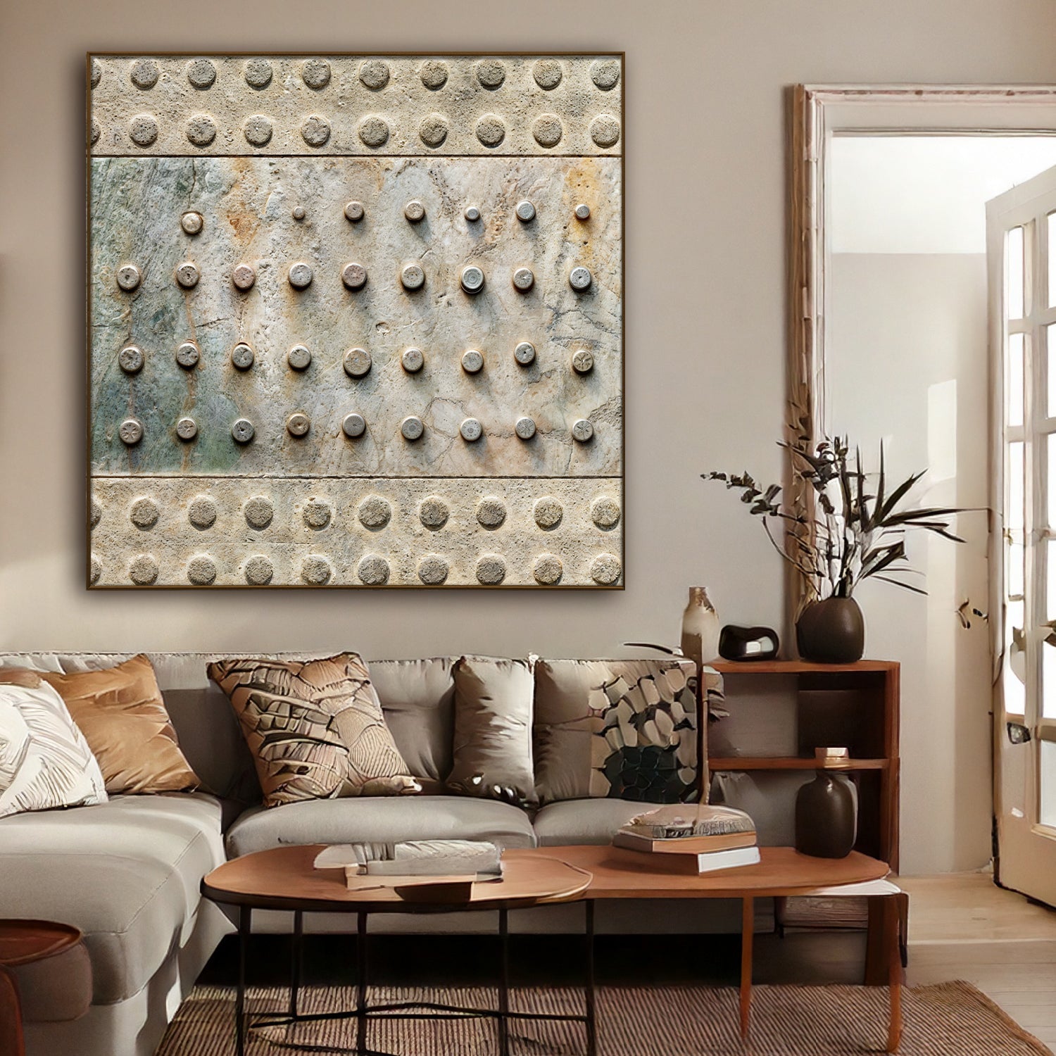 Brown minimalist abstract canvas wall art with riveted panel texture by Tailored Canvases on Tampa Home & Garden Store