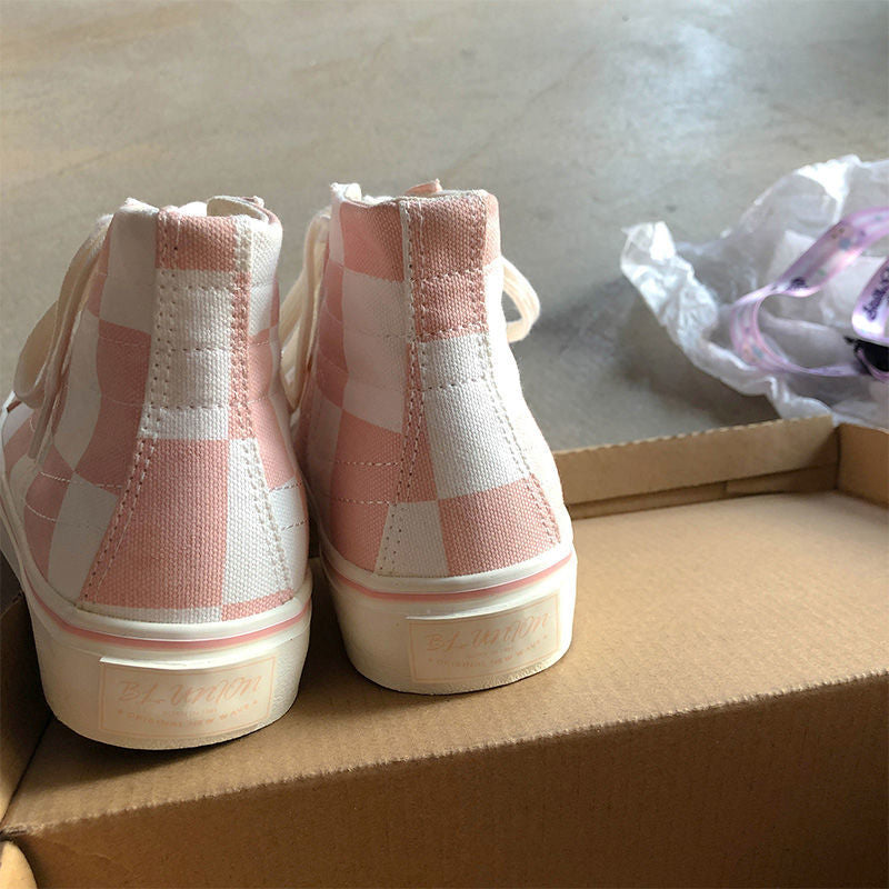 Stevvex pink canvas high-top sneakers with pink/white checker pattern, back view, pair on Tampa Home & Garden Store