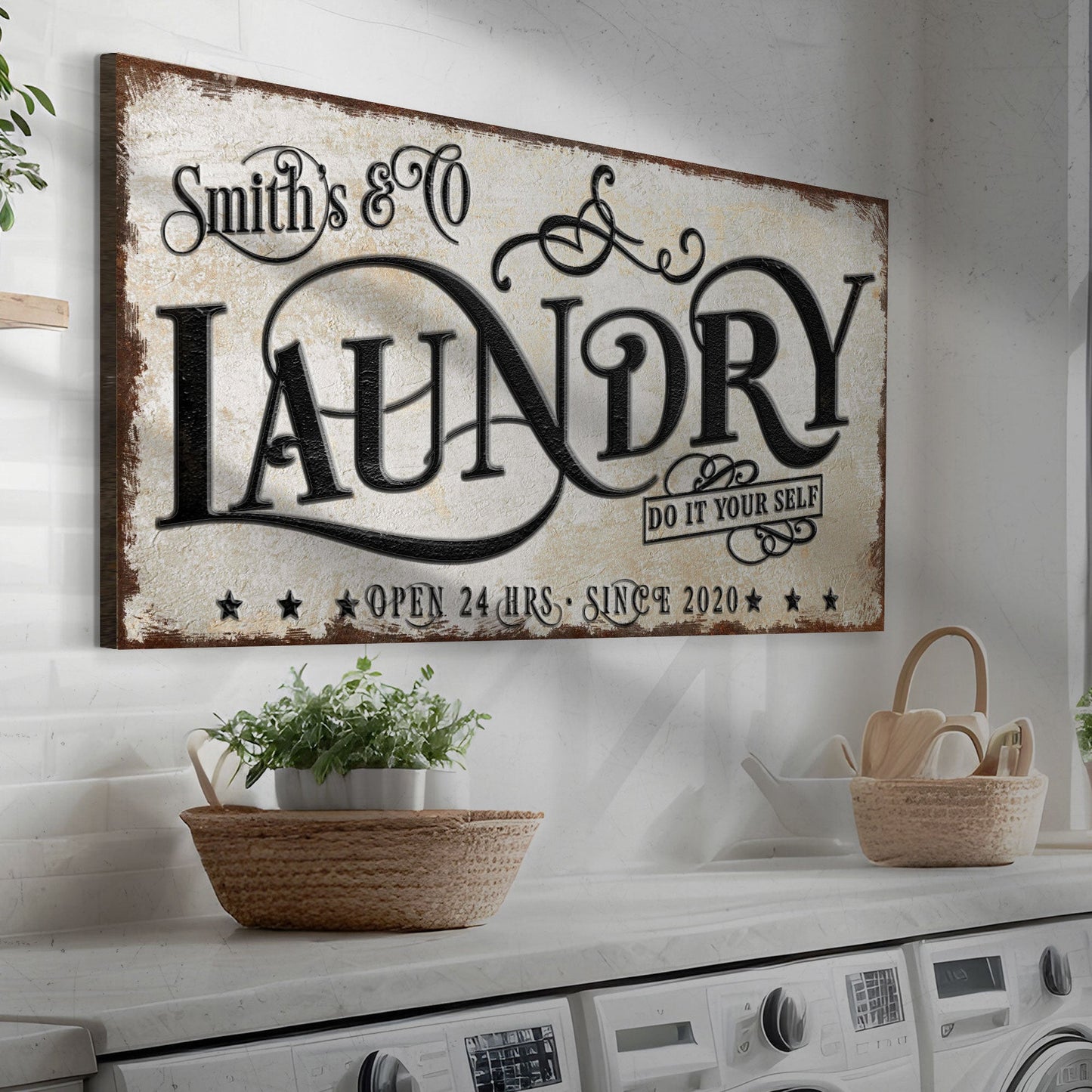 Canvas Laundry Room Sign VI in distressed beige with ornate black typography on Tampa Home & Garden Store