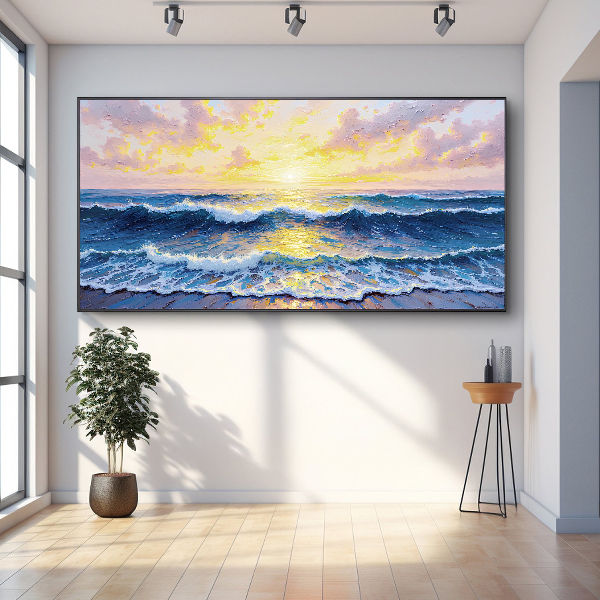 Golden Horizon Wall Art canvas sunrise over waves in blue and gold Tailored Canvases on Tampa Home & Garden Store