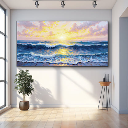 Golden Horizon Wall Art canvas sunrise over waves in blue and gold Tailored Canvases on Tampa Home & Garden Store