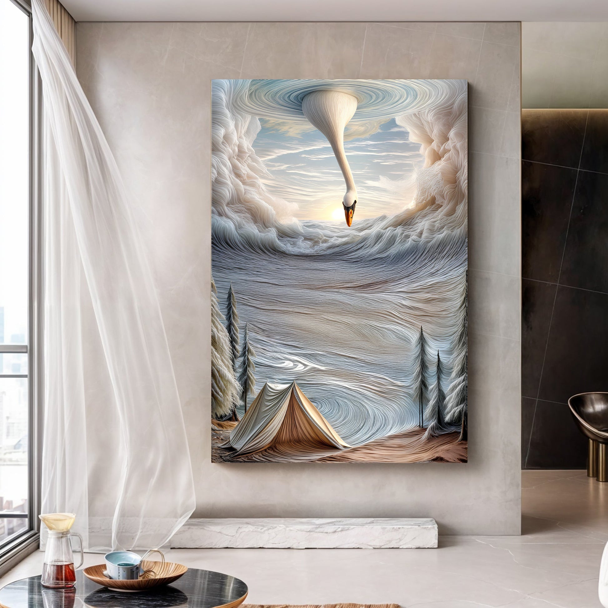 Surrealism Painting Canvas wall art by Tailored Canvases with a swan figure amid curls on Tampa Home & Garden Store