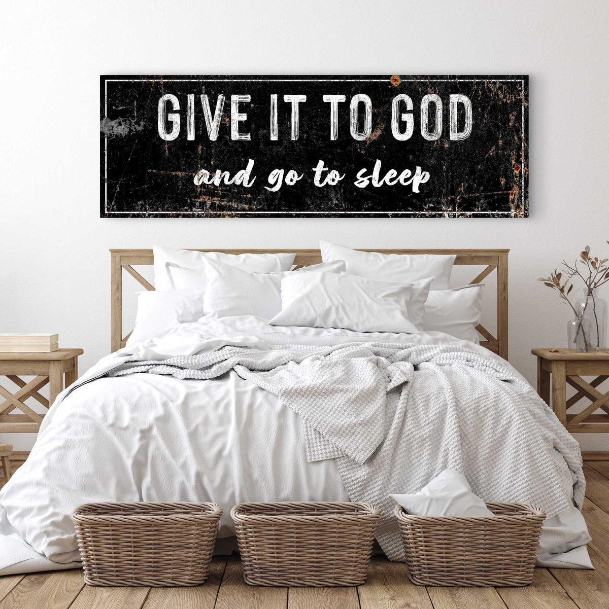 Give It to God and Go to Sleep canvas by Tailored Canvases, distressed black with white text on Tampa Home & Garden Store