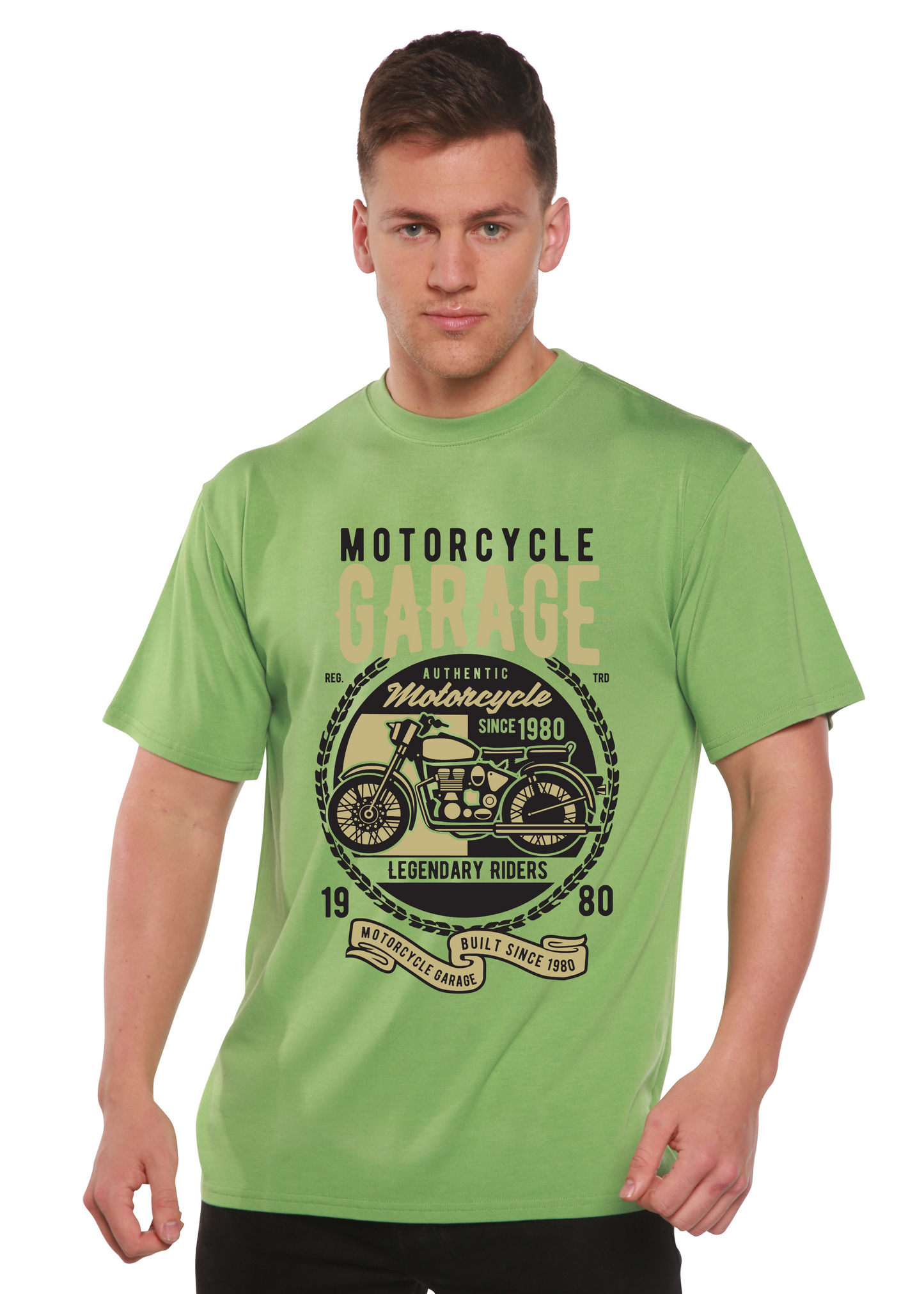 Motorcycle Garage men's bamboo viscose/organic cotton graphic tee green with motorcycle print on Tampa Home & Garden Store