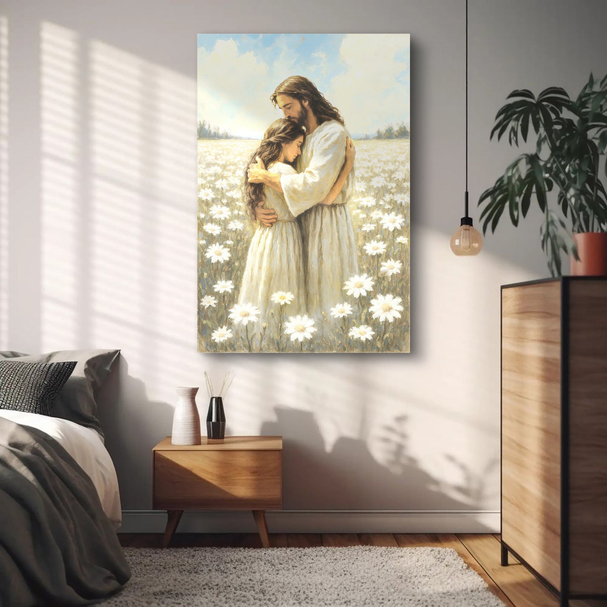 Divine Embrace of Grace Faith Wall Art canvas by Tailored Canvases; Jesus with girl in daisies on Tampa Home & Garden Store