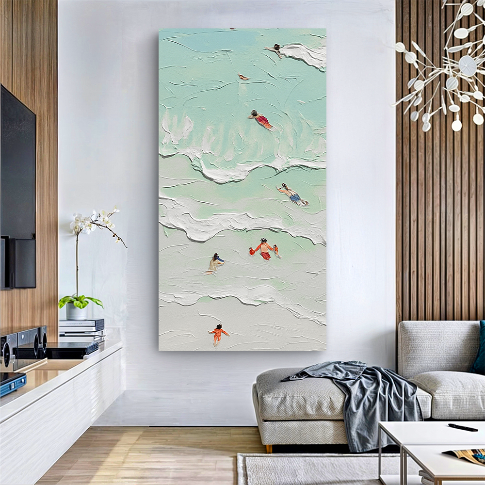 Beach Days Wall Art XXIII canvas Tailored Canvases with textured pastel teal waves and swimmers on Tampa Home & Garden Store