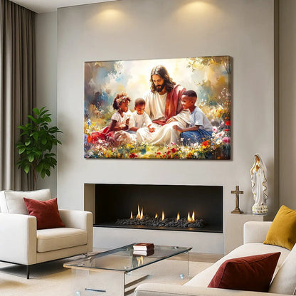 Jesus With Children Faith Art V canvas, vibrant scene of Jesus with children amid flowers on Tampa Home & Garden Store