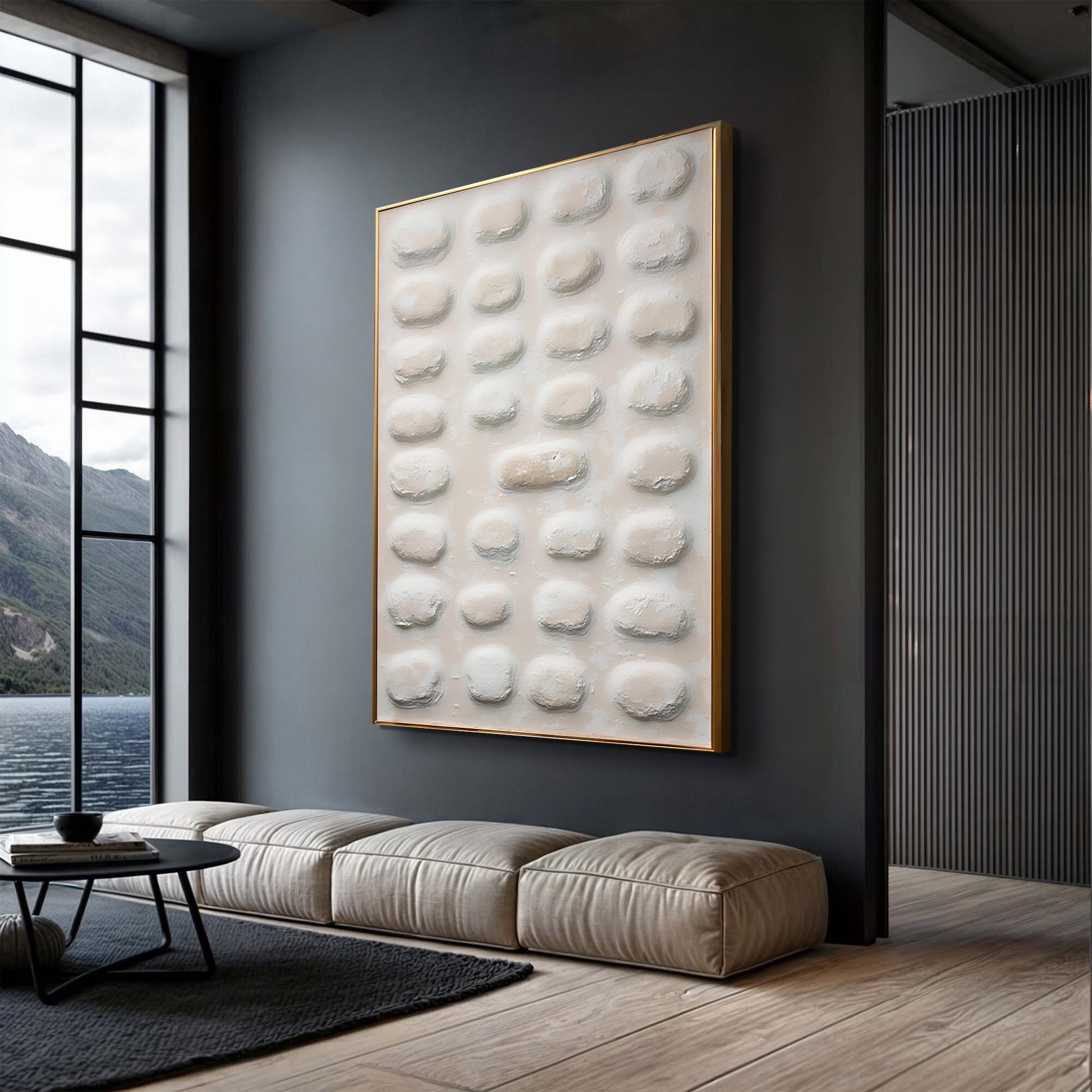 Canvas Abstract Minimalist Wall Art II Tailored Canvases, white reliefs with gold frame in room on Tampa Home & Garden Store