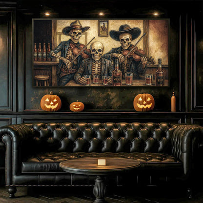 Cowboy Skeletons Western Bar Wall Art canvas with skeleton musicians at a bar on Tampa Home & Garden Store