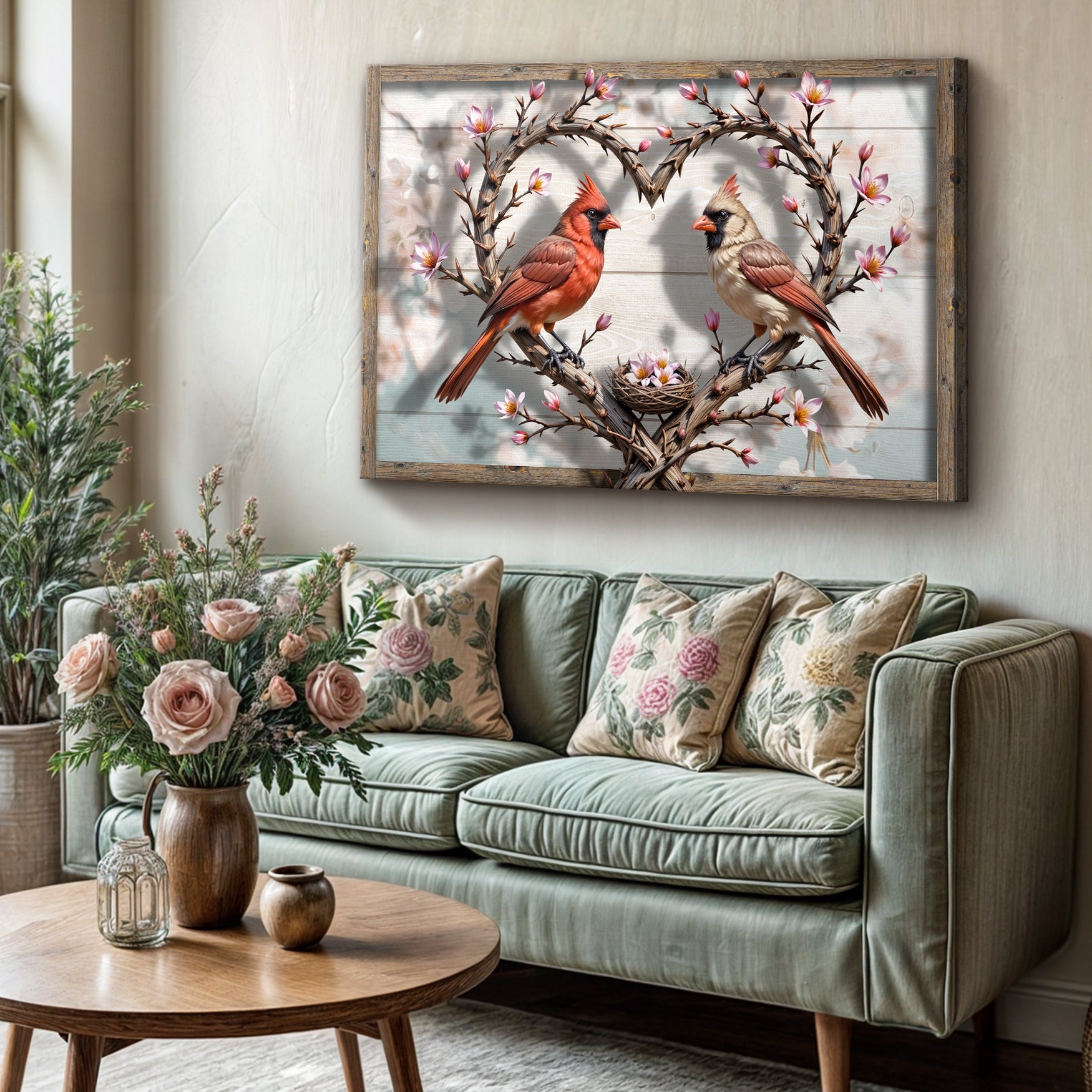 3D Cardinals Wall Art V canvas with wood frame; cardinals on a heart branch with pink blossoms on Tampa Home & Garden Store