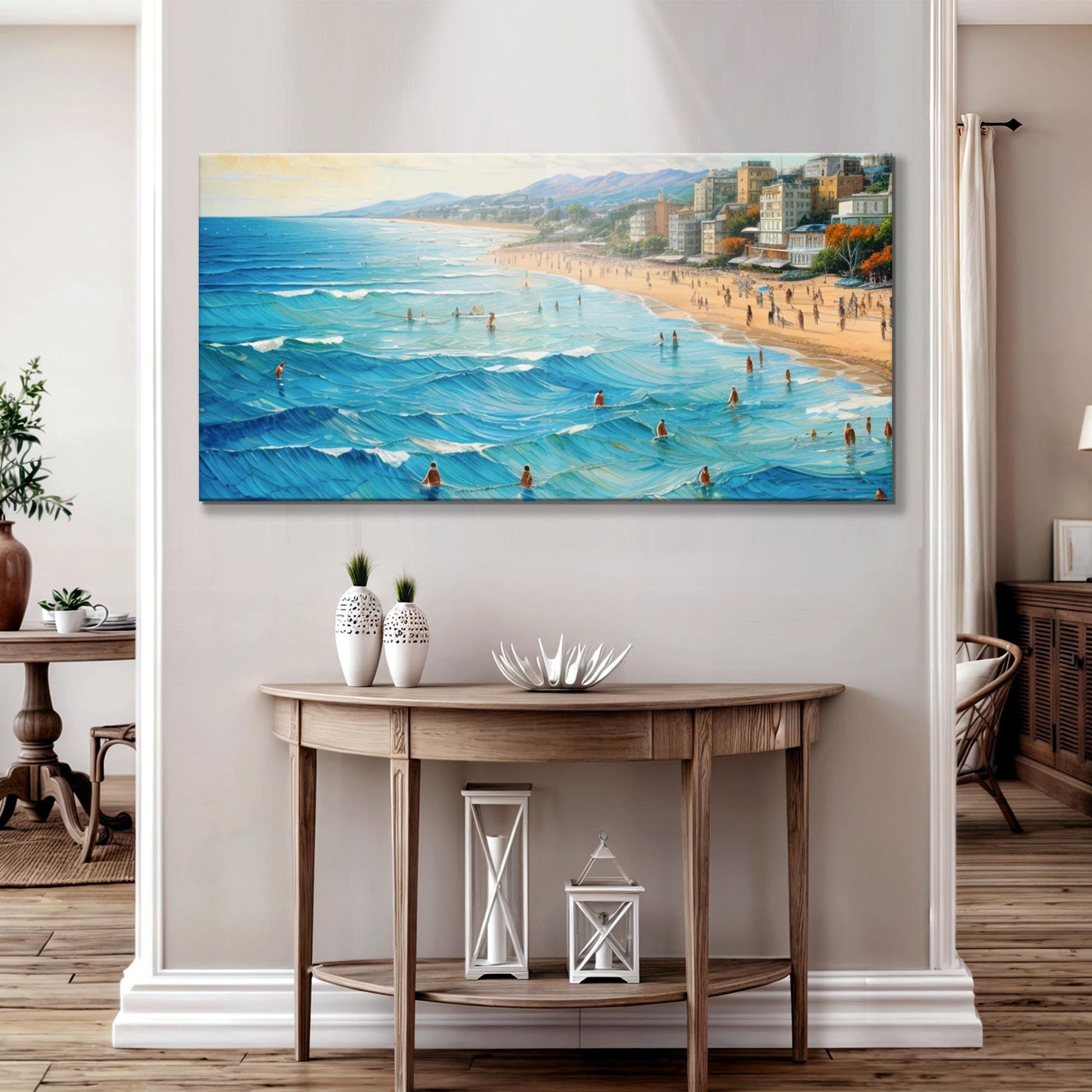 Beach Days Wall Art XIV canvas; vibrant beach scene with blue ocean and city on Tampa Home & Garden Store