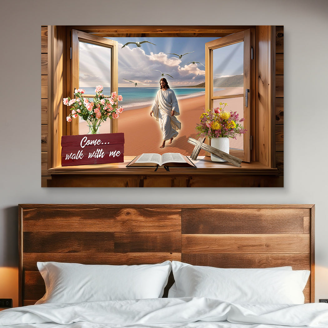 Canvas I Will Walk By Faith Faith Sign by Tailored Canvases; wooden frame view with Jesus Bible on Tampa Home & Garden Store