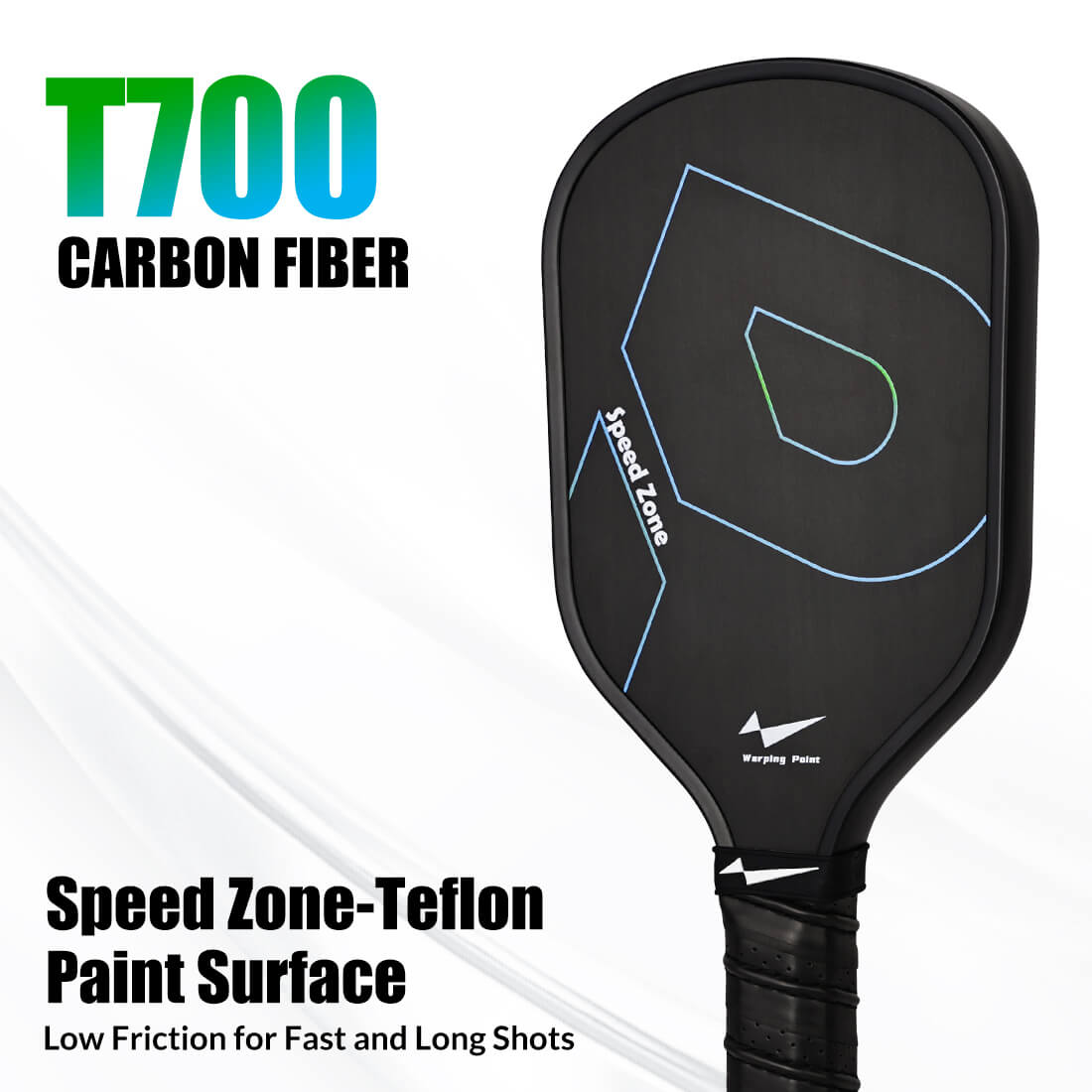 Pickleball paddle 16mm Warping Point, black carbon fiber surface with blue line design on Tampa Home & Garden Store