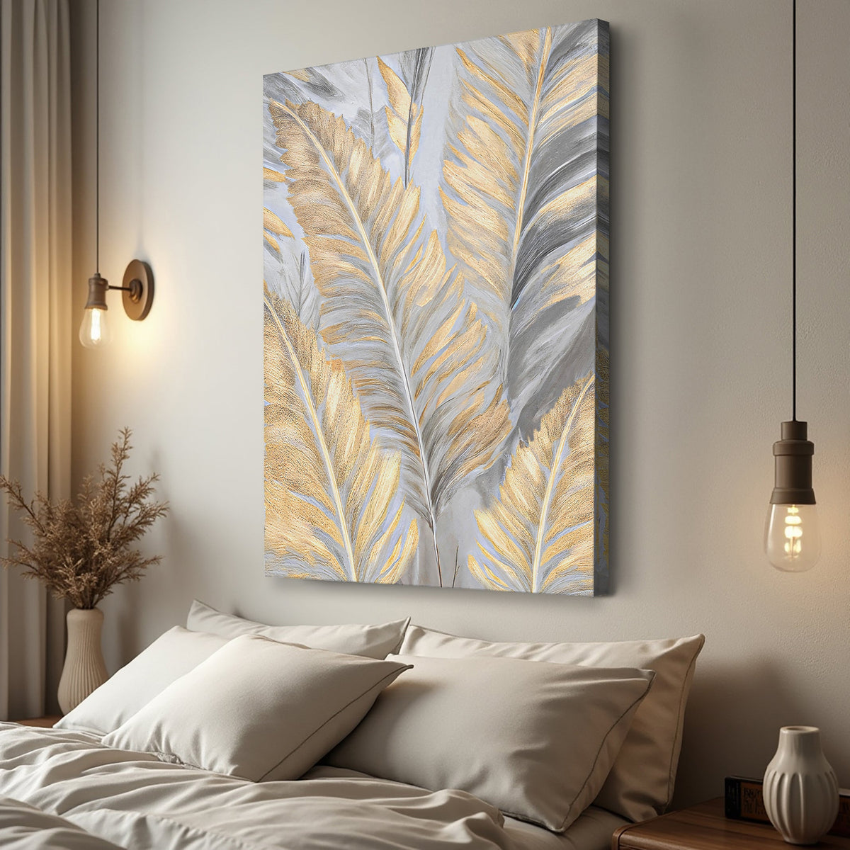 Luxury Gold and Silver Leaf Wall Art canvas with metallic leaf on gray background on Tampa Home & Garden Store