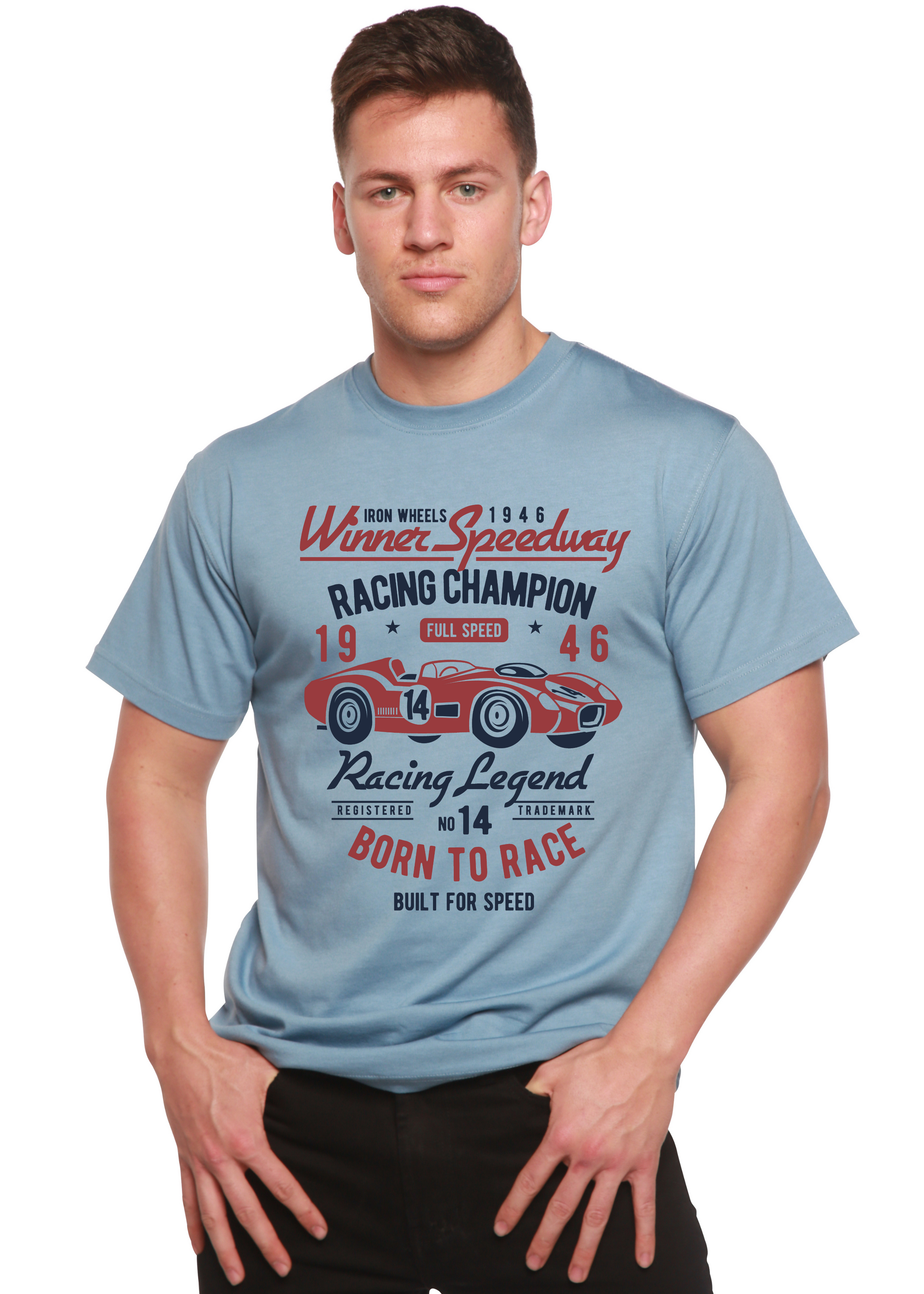 Spun Bamboo men's graphic T-shirt in light blue with racing car print on Tampa Home & Garden Store