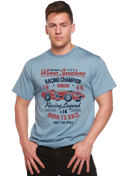 Spun Bamboo men's graphic T-shirt in light blue with racing car print on Tampa Home & Garden Store