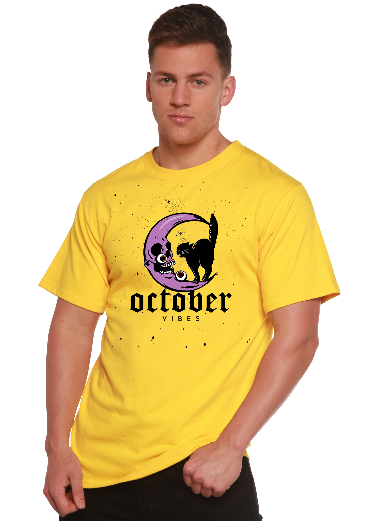 October Vibes men's graphic T-shirt yellow with purple moon and black cat by Spun Bamboo on Tampa Home & Garden Store