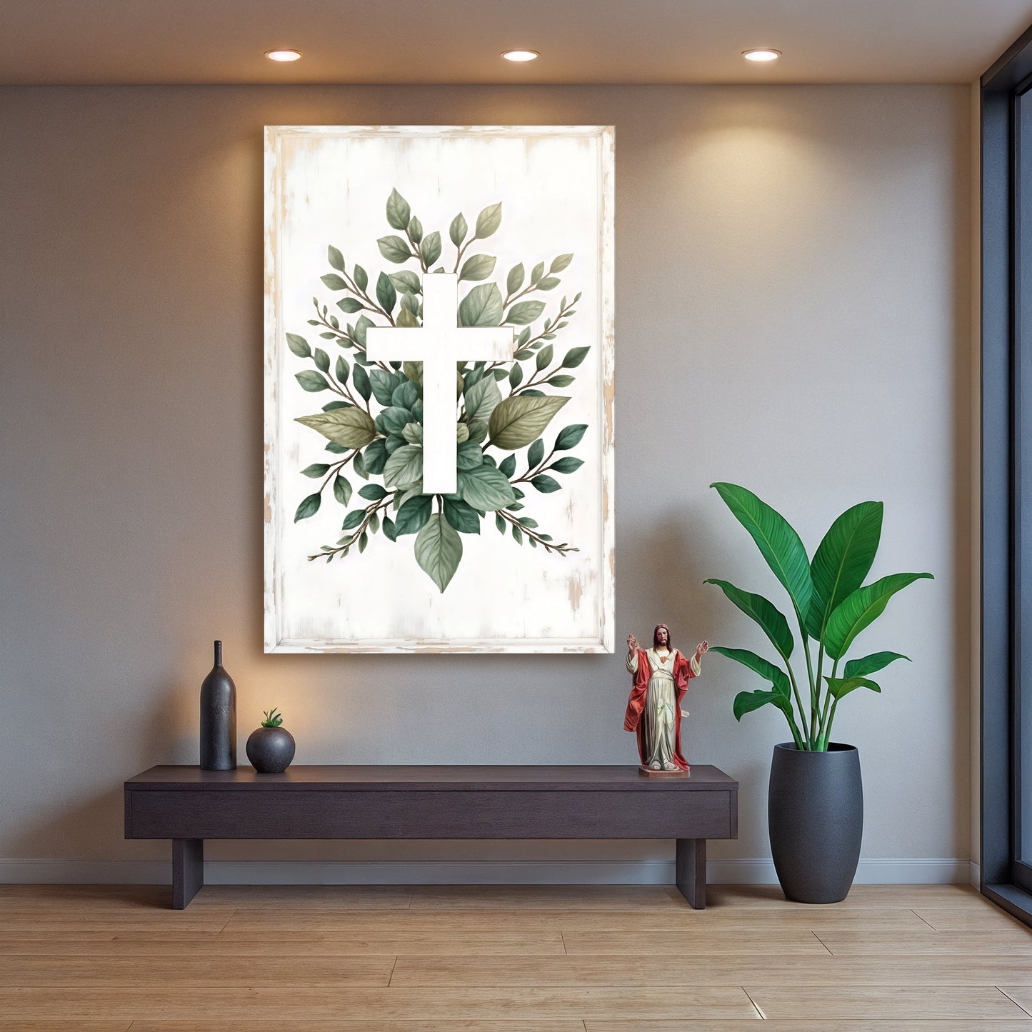 Minimalist Cross Faith Wall Art II canvas with white distressed frame and leafy greens on Tampa Home & Garden Store