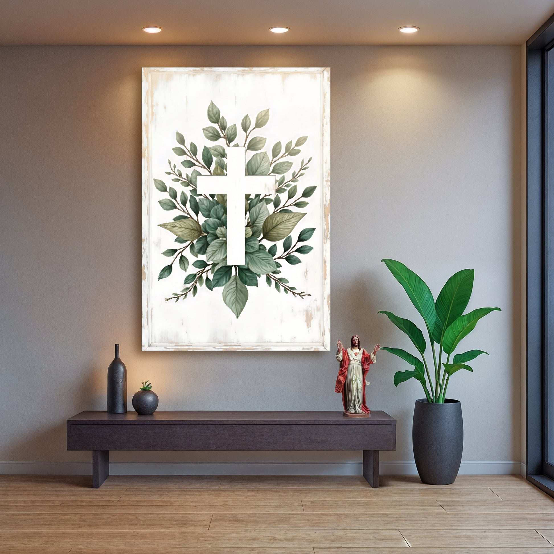 Minimalist Cross Faith Wall Art II canvas with white distressed frame and leafy greens on Tampa Home & Garden Store