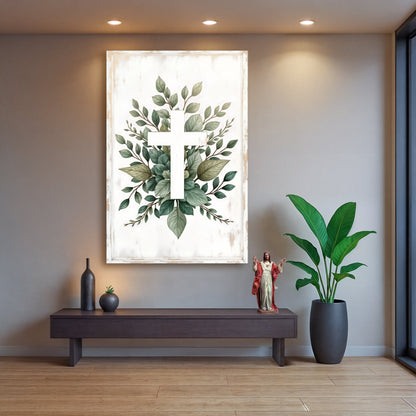 Minimalist Cross Faith Wall Art II canvas with white distressed frame and leafy greens on Tampa Home & Garden Store