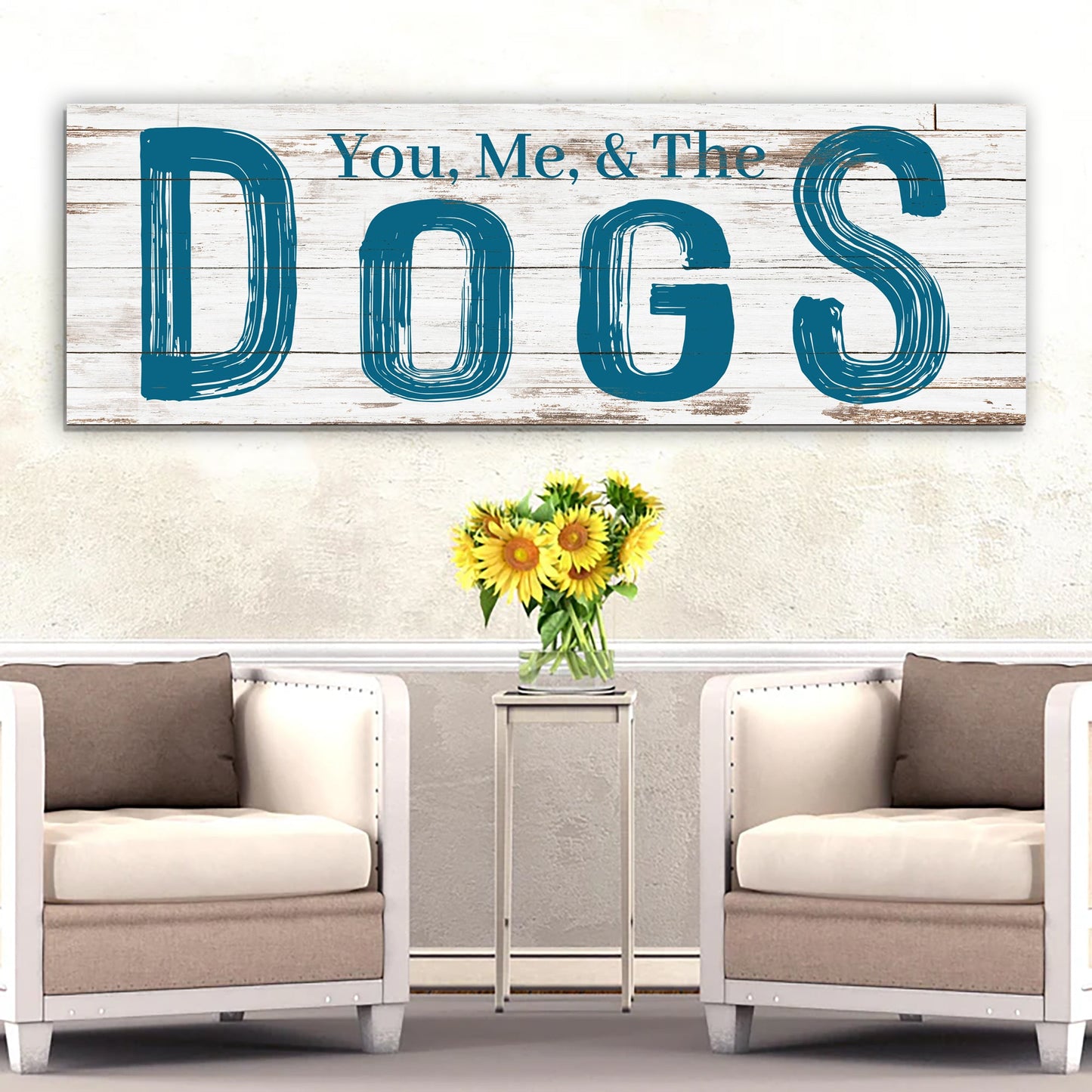 You, Me & The Dogs Sign V canvas with teal lettering on rustic wood backdrop, two chairs on Tampa Home & Garden Store