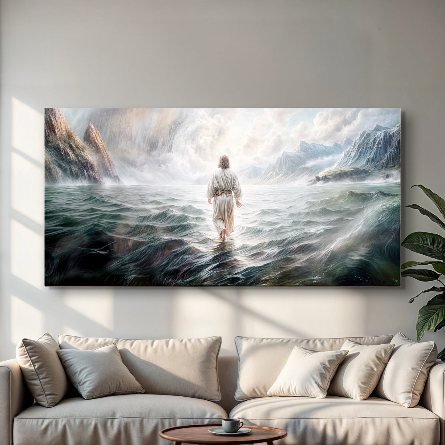 Walking on Water Faith Wall Art VII canvas by Tailored Canvases; lone figure amid crashing waves on Tampa Home & Garden Store