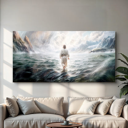 Walking on Water Faith Wall Art VII canvas by Tailored Canvases; lone figure amid crashing waves on Tampa Home & Garden Store