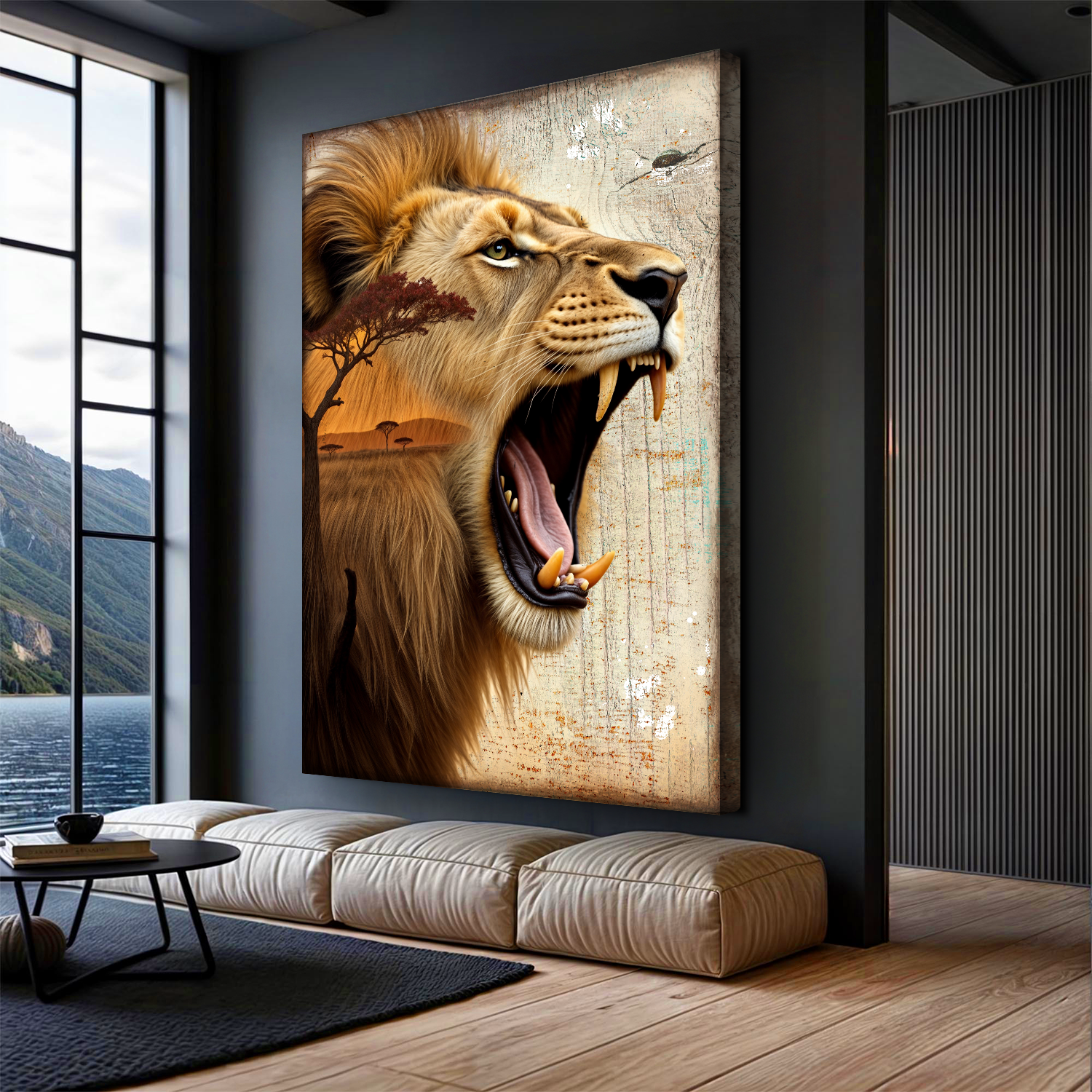 Lion Double Exposure Canvas Wall Art Tailored Canvases roaring lion with savanna trees on Tampa Home & Garden Store