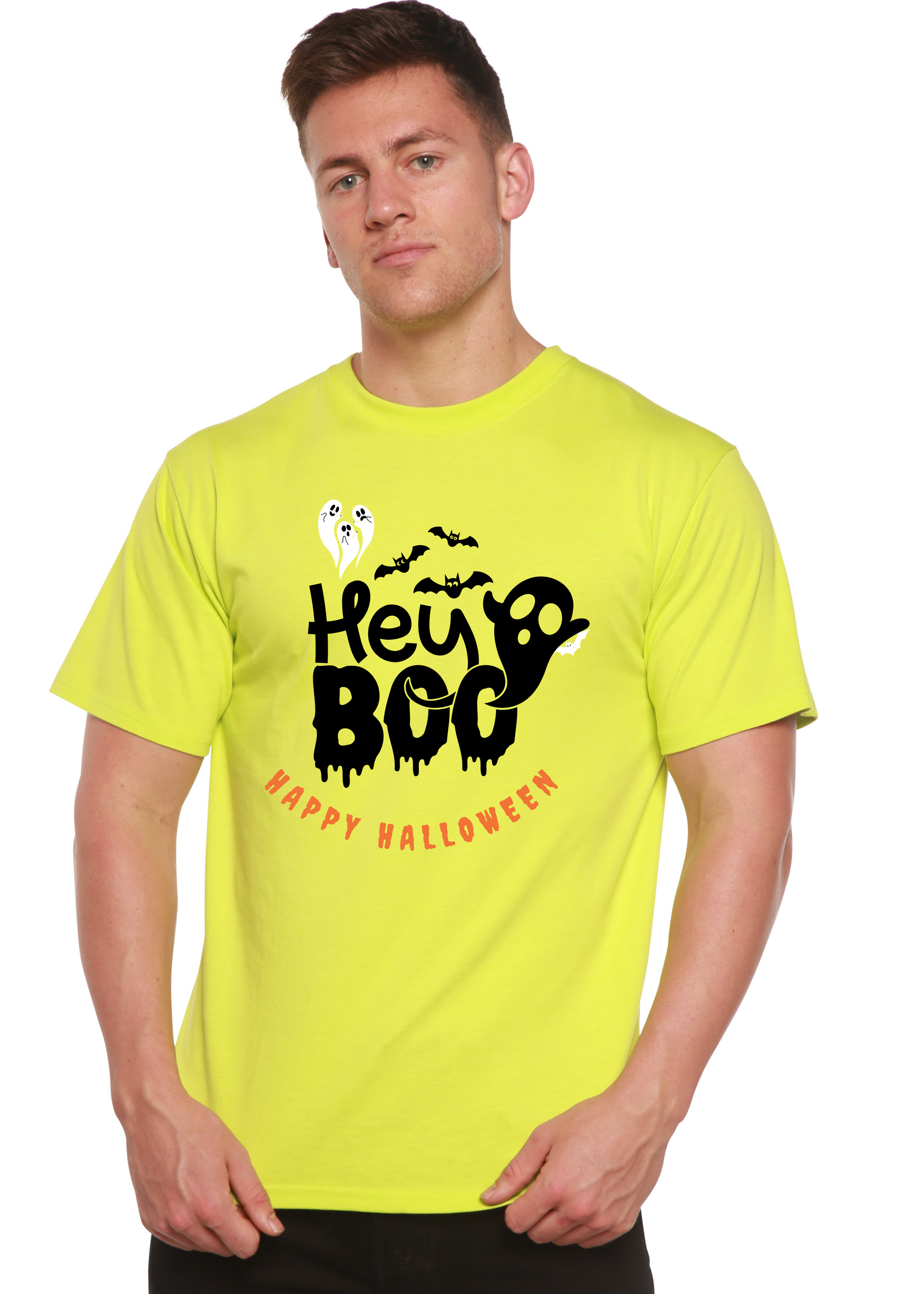Hey Boo men's bamboo viscose/organic cotton tee neon yellow Halloween ghosts & bats Spun Bamboo on Tampa Home & Garden Store