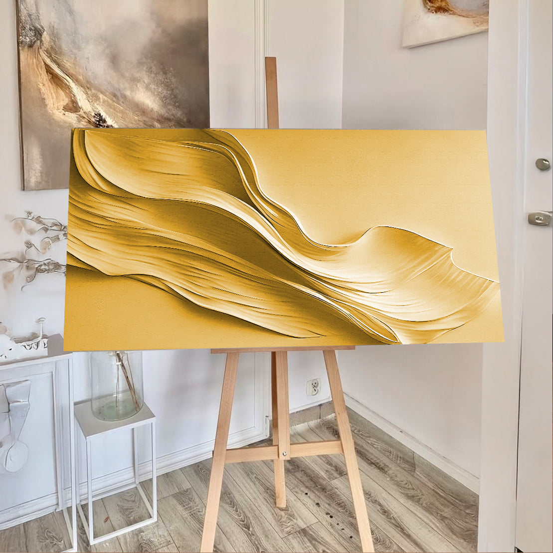Gold Minimalist Wall Art II canvas Tailored Canvases crafting canvas in gold tones on easel on Tampa Home & Garden Store