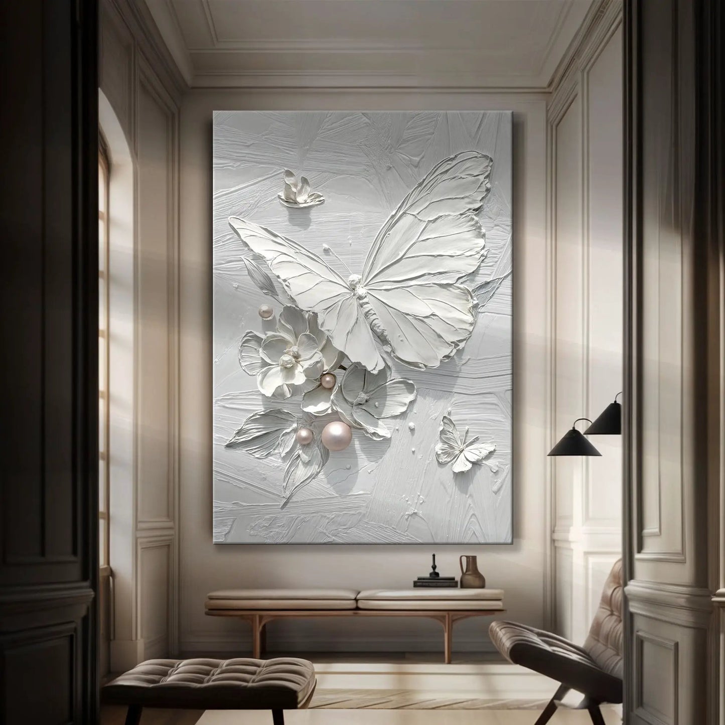 White Butterfly Wall Art canvas by Tailored Canvases with embossed butterfly design on Tampa Home & Garden Store