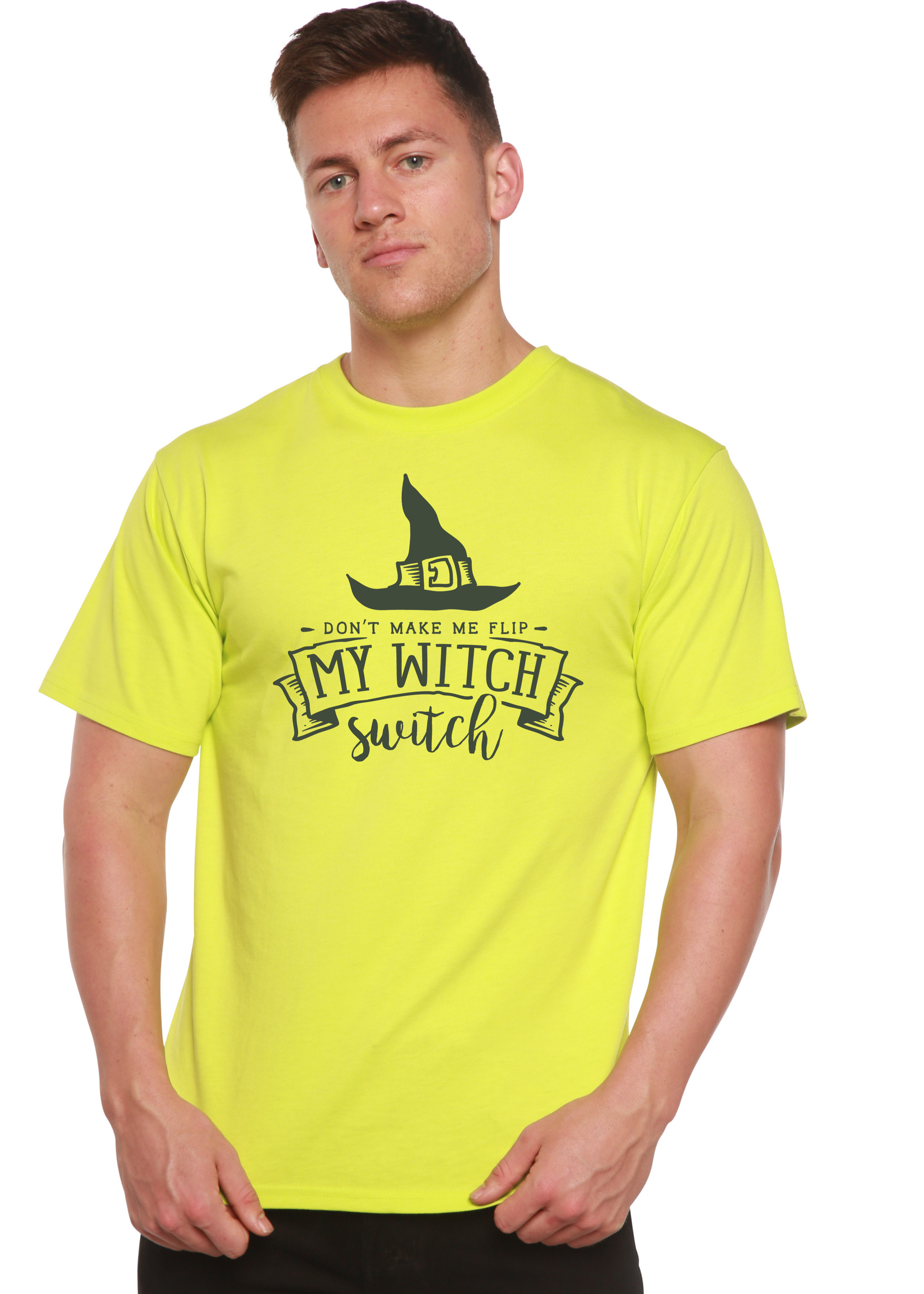 My Witch unisex bamboo viscose/organic cotton graphic tee neon yellow with witch hat on Tampa Home & Garden Store