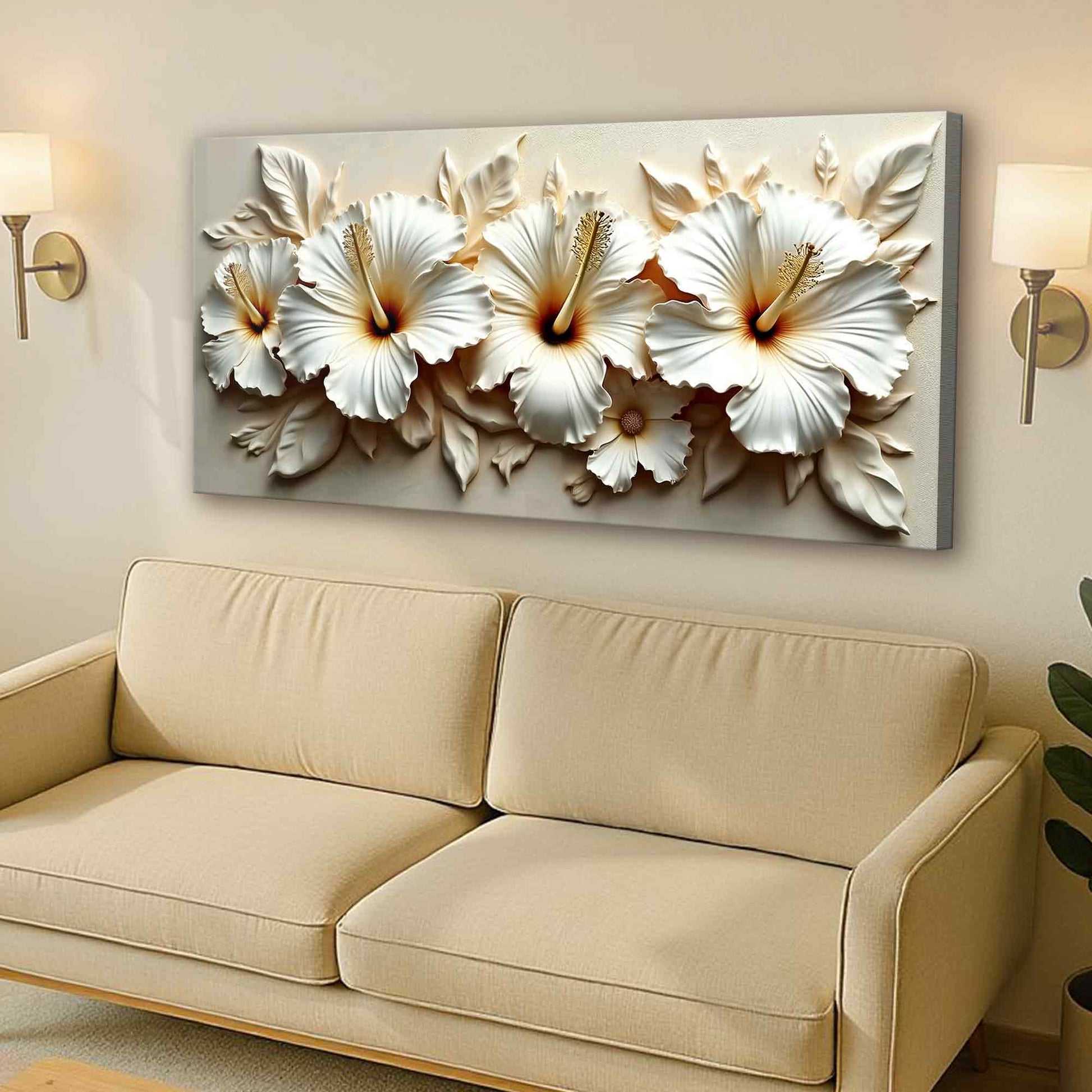 Floral Abstract Wall Art VII canvas with white hibiscus blooms on beige by Tailored Canvases on Tampa Home & Garden Store