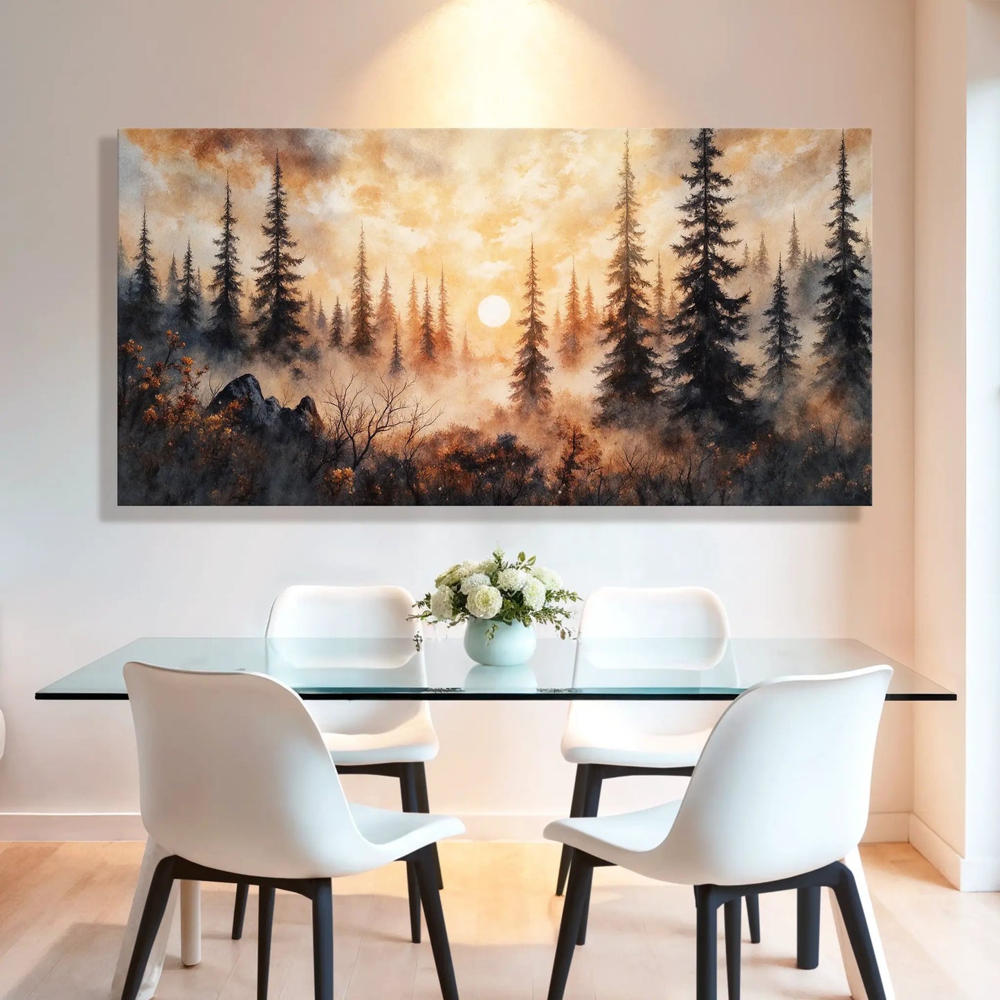 Rustic Forest Sunset Wall Art canvas with tall pine silhouettes and warm golden sky on Tampa Home & Garden Store
