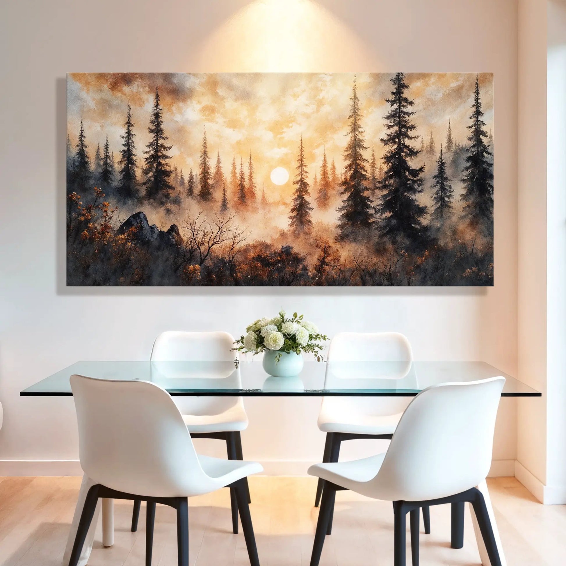 Rustic Forest Sunset Wall Art canvas with tall pine silhouettes and warm golden sky on Tampa Home & Garden Store