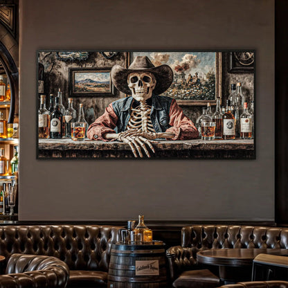 Skeleton Cowboy Barman wall art canvas by Tailored Canvases, skeletal bartender behind a bar on Tampa Home & Garden Store