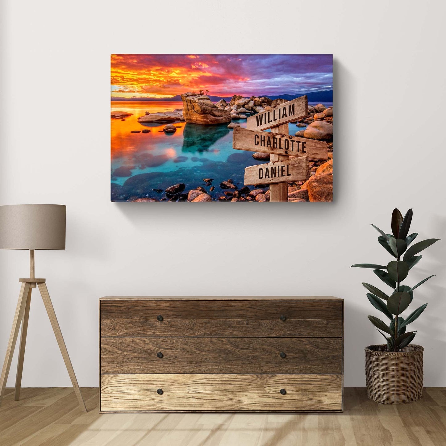 Sunset Beach Skies Family Names Sign canvas with wooden posts listing William, Charlotte, Daniel in vibrant sunset hues Tailored Canvases Crafting Canvas on Tampa Home & Garden Store