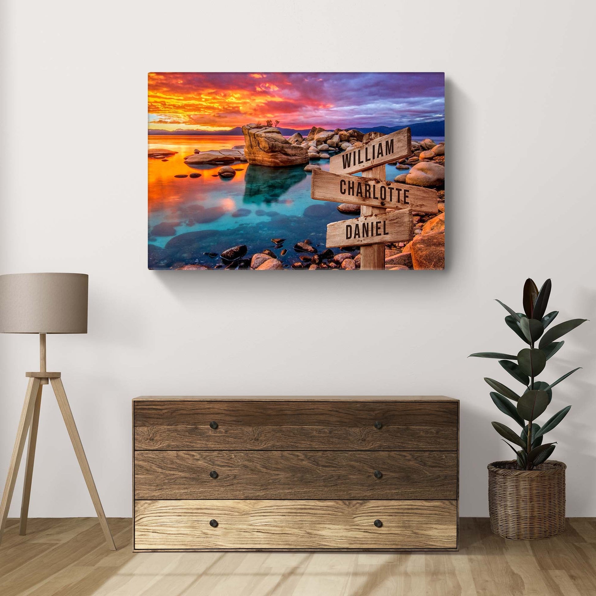 Sunset Beach Skies Family Names Sign canvas with wooden posts listing William, Charlotte, Daniel in vibrant sunset hues Tailored Canvases Crafting Canvas on Tampa Home & Garden Store