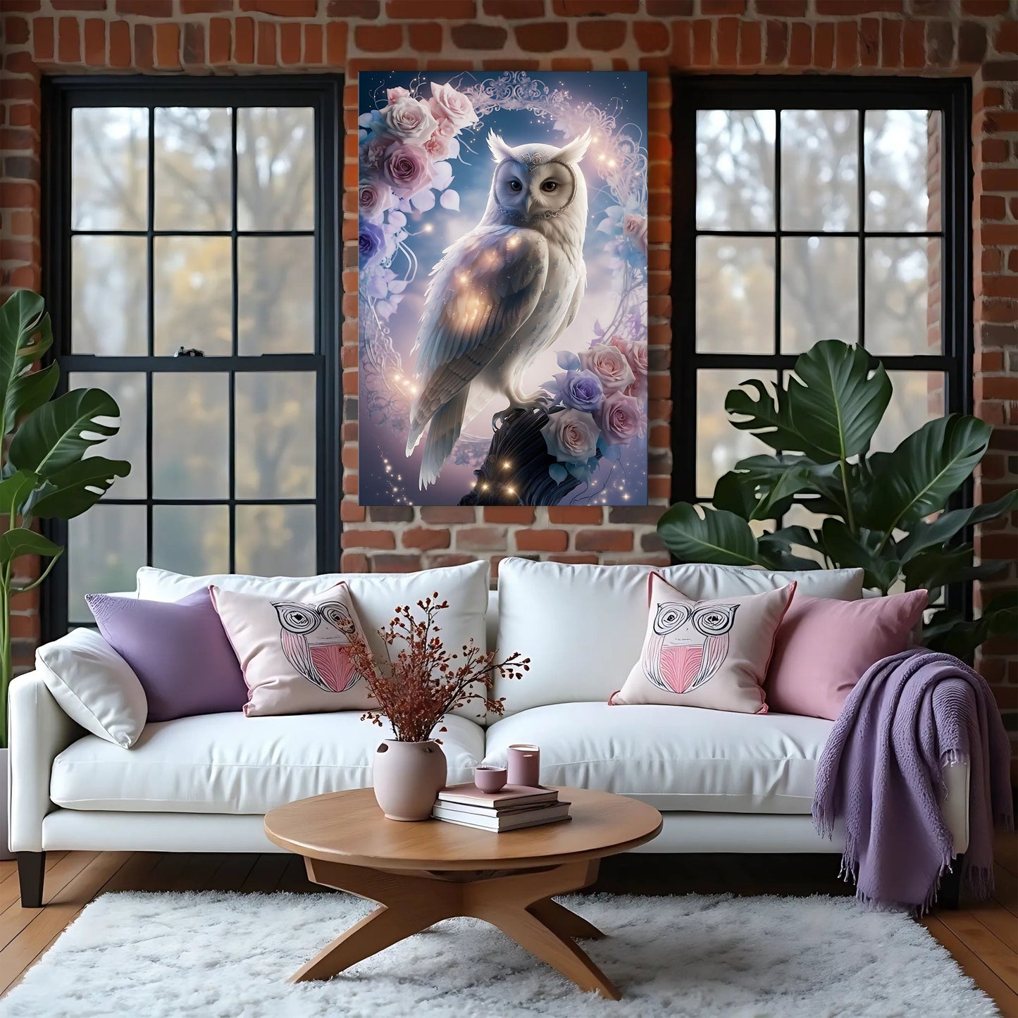 3D Owl Wall Art canvas featuring a white owl among pastel pink roses and floral accents on Tampa Home & Garden Store