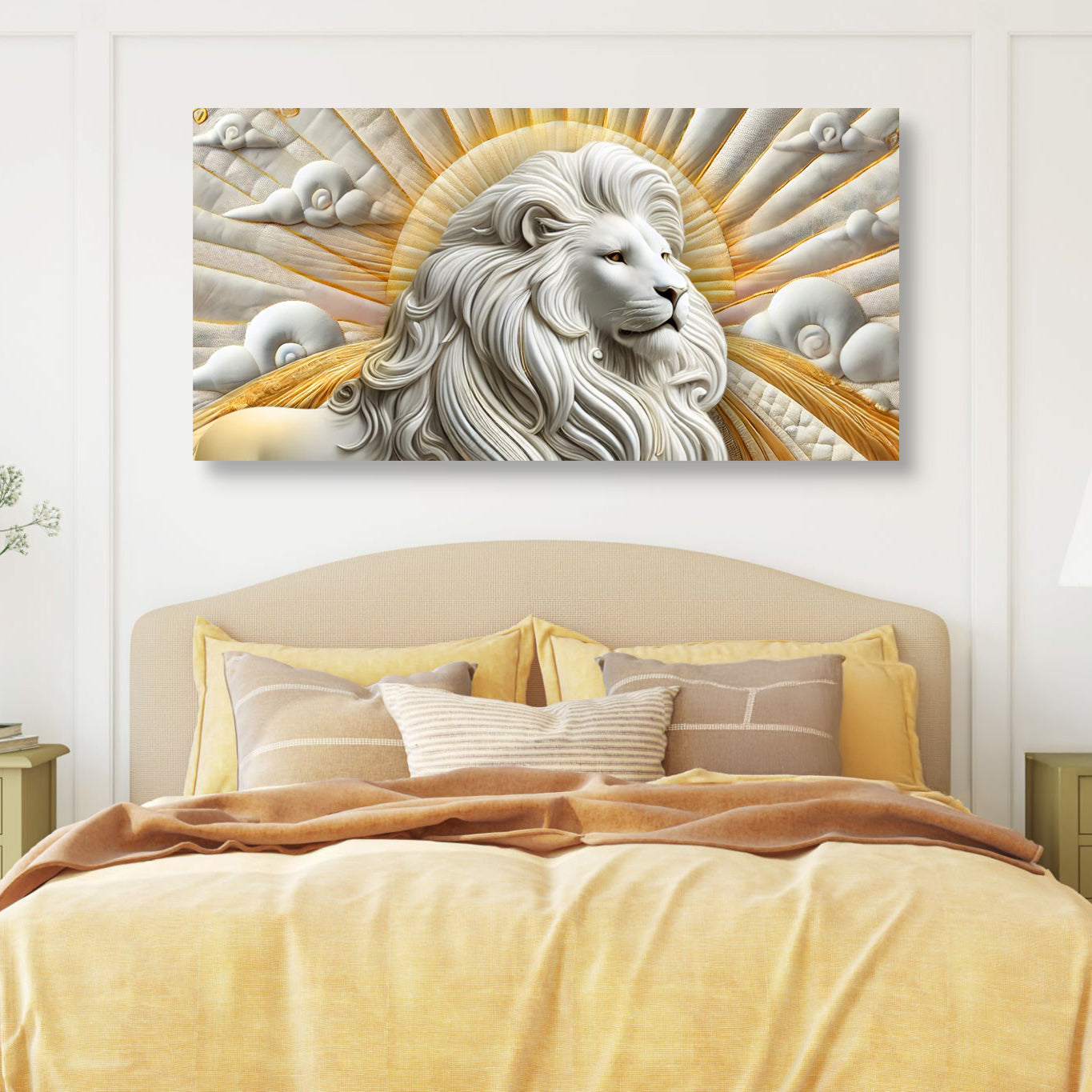Canvas wall art 3D Lion III by Tailored Canvases, white lion with gold sunburst backdrop on Tampa Home & Garden Store