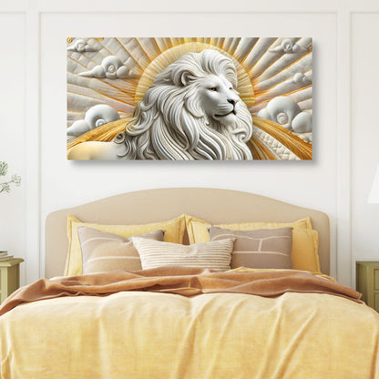 Canvas wall art 3D Lion III by Tailored Canvases, white lion with gold sunburst backdrop on Tampa Home & Garden Store