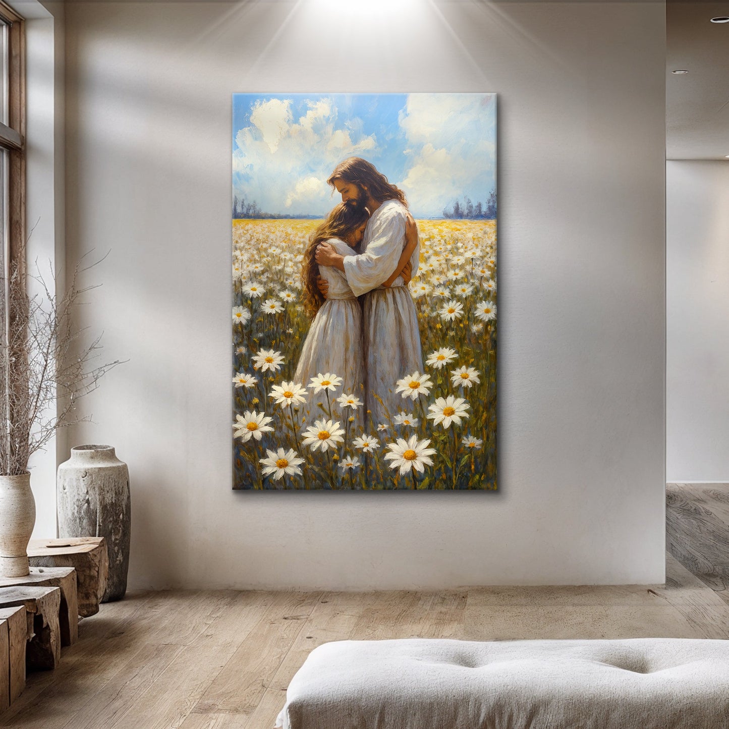 Jesus hugging woman faith wall art II canvas by Tailored Canvases in daisies field on Tampa Home & Garden Store