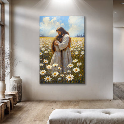 Jesus hugging woman faith wall art II canvas by Tailored Canvases in daisies field on Tampa Home & Garden Store